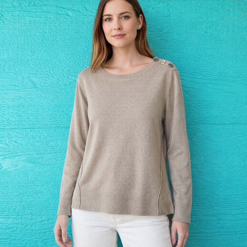 Sigrid Olsen Linen Cotton Textured Knit Sweater Button Shoulder Neutral Medium